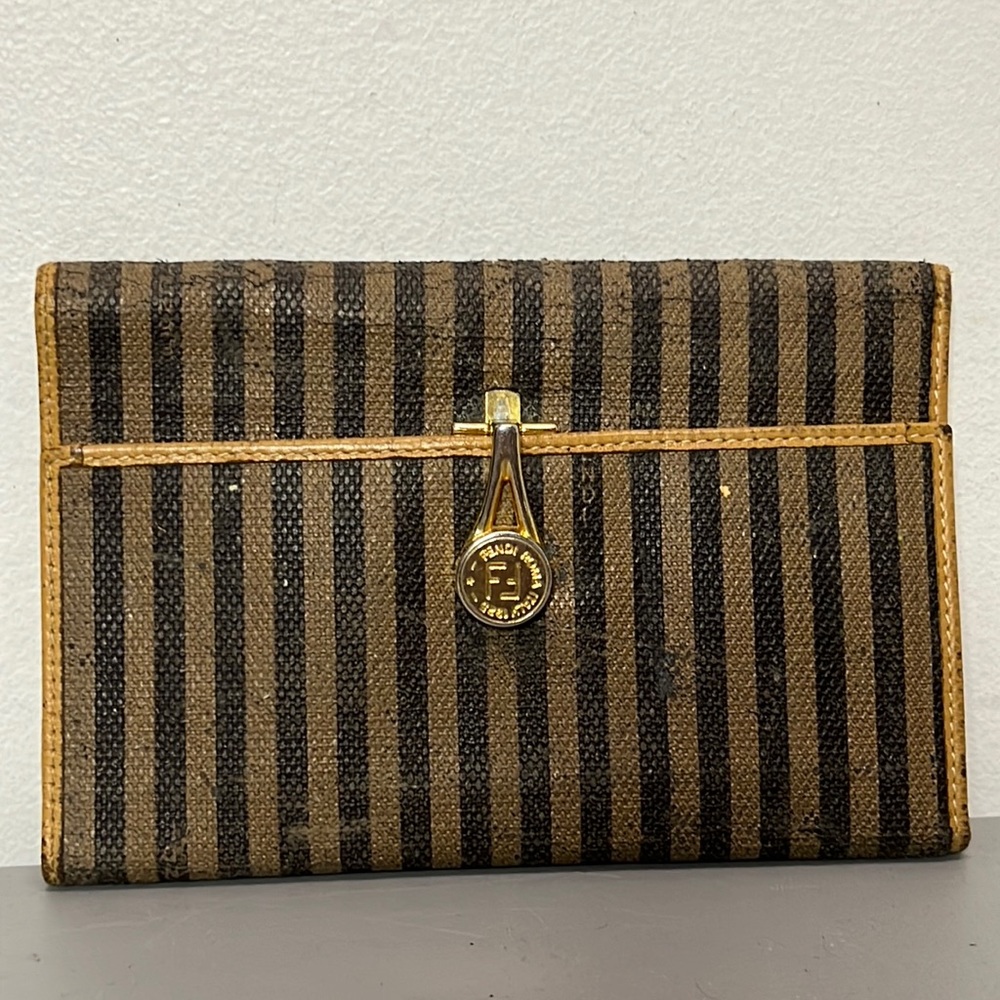 Vintage Fendi Trifold Striped Wallet Brown Gold Made in Italy